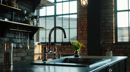 Explore a modern luxurious kitchen loft bathed in natural light, featuring elegant design elements, stylish decor, and a welcoming atmosphere, perfect for culinary creativity.の素材