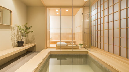 Contemporary bathroom design with glass partitions and wooden accents creates a tranquil space for relaxation. A perfect blend of simplicity and elegance.の素材