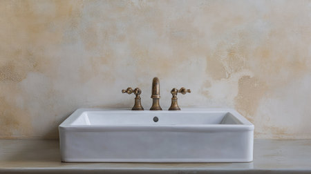 A stunning and pristine white sink featuring a luxury faucet, perfect for elegant interiors. This design combines classic and modern elements to enhance any space.の素材