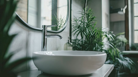 A sleek modern bathroom featuring a pristine white basin surrounded by lush green plants, creating a serene and inviting atmosphere for relaxation and hygiene.の素材