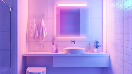 A modern washroom features a bright and minimalist interior with stylish decor. Enhanced by vivid lighting, the space embodies elegance and serenity, perfect for relaxation.の素材