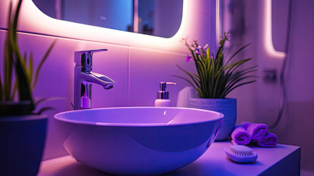 Experience a modern bathroom featuring a stylish basin and ambient purple lighting, complemented by elegant decor and lush plants for a serene atmosphere.の素材