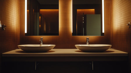 A stylish bathroom featuring a double sink setup with modern lighting. Dark, elegant tiles complement sleek mirrors, creating a serene and functional space.の素材