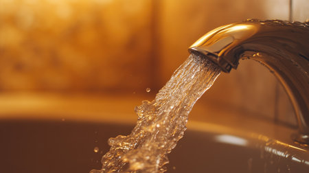 A close-up view of a stylish bathroom sink faucet with water flowing gracefully, capturing the warmth and elegance of modern interior design. Perfect for home decor themes.の素材