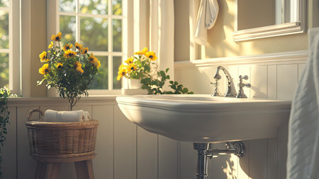 Discover a bright and airy bathroom featuring a white sink and floral accents. The sunlight filters through the window, creating a warm and inviting atmosphere.の素材