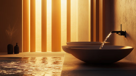 A stylish bathroom showcasing a modern faucet releasing water into elegant basins, illuminated by warm sunlight through window slats, creating a tranquil ambiance.の素材