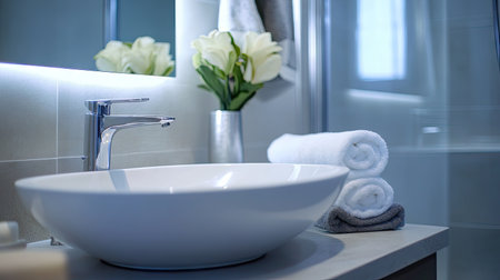 A stylish modern washroom featuring a sleek sink, rolled towels, and elegant floral decor. Perfect for showcasing clean and contemporary design elements.の素材