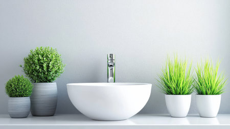 Explore a modern bathroom design featuring a stylish basin, elegant faucet, and vibrant greenery. This serene space combines minimalism with fresh decor for a calming environment.の素材