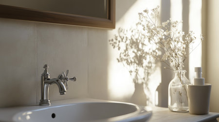 A modern bright bathroom featuring a sleek sink, stylish faucet, and soft natural light. Perfect for adding elegance and tranquility to any design project.の素材