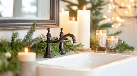 A stylish contemporary faucet paired with candles and greenery, creating a cozy and inviting atmosphere. Perfect for seasonal home decor and relaxation.の素材