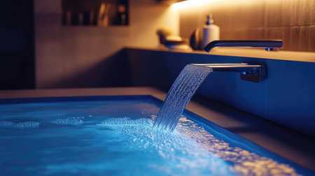 A striking close-up of a modern chrome faucet pouring water into a tranquil pool, creating a serene atmosphere and enhancing any stylish interior design.の素材