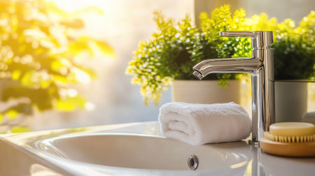 A modern bathroom featuring a polished faucet, soft towels, and lush greenery. Bright sunlight creates a warm and inviting atmosphere, perfect for relaxation.の素材