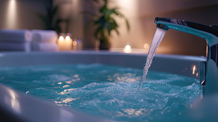 A close-up view of a modern chrome faucet pouring water into a luxurious bath, creating a serene and relaxing ambiance perfect for spa-like experiences.の素材