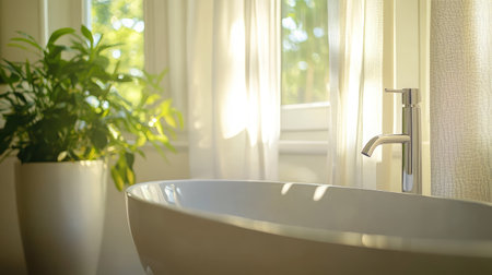 A modern bathroom interior bathed in natural light, featuring a sleek bathtub beside a vibrant plant. This serene space emphasizes relaxation and clean design.の素材