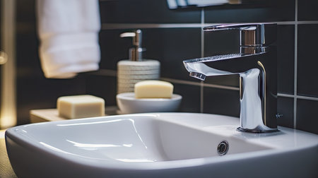 This close-up image captures a sleek contemporary faucet in a modern bathroom setting, showcasing its elegance and design elements that enhance a clean aesthetic.の素材