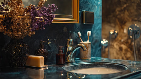 Discover a chic bathroom scene featuring a stylish faucet, decorative flowers, and essential toiletries, exuding elegance and tranquility in home decor.の素材