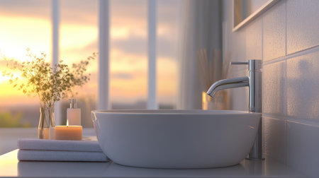 Discover a serene minimalist bathroom featuring a sleek white sink, natural decor, and warm lighting, perfect for relaxation and modern living.の素材