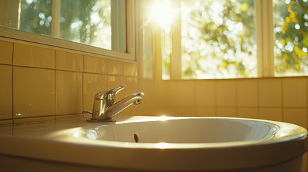 A serene bathroom scene featuring a rounded sink and modern faucet, illuminated by warm sunlight streaming through a window. Ideal for home and design themes.の素材