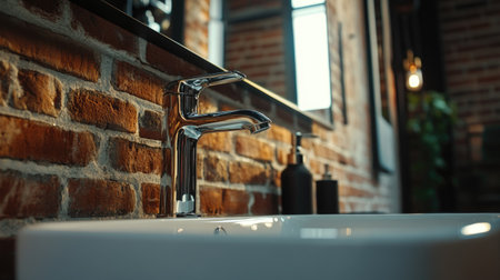 A close-up view of a luxurious water tap over a sleek sink, set against a rustic brick wall. This modern bathroom detail combines elegance with stylish design elements.の素材