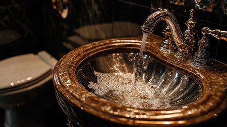 This close-up image showcases an elegant metallic faucet with flowing water, capturing intricate details and reflections. Perfect for home and interior design projects.の素材