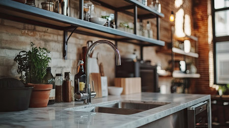 A stylish close-up of a modern water tap over a sleek marble sink in a cozy kitchen setting, featuring elegant decor and fresh greenery.の素材
