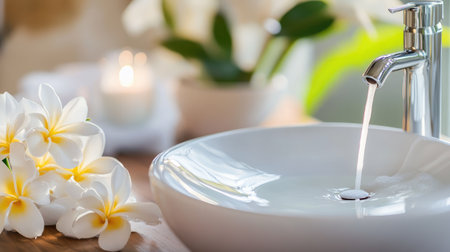 A serene contemporary bathroom scene featuring a sleek sink with flowing water, elegant flowers, and a calming atmosphere perfect for relaxation and rejuvenation.の素材