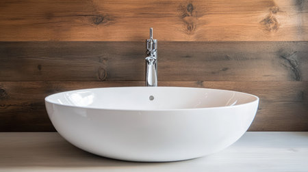 This image showcases a modern bathroom basin with a sleek design against a warm wooden wall. Ideal for contemporary decor inspiration and design ideas.の素材