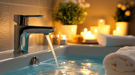 A sleek modern faucet flows water into a luxurious bathtub, creating a serene atmosphere. Soft lighting from candles enhances the calming ambiance, perfect for relaxation.の素材