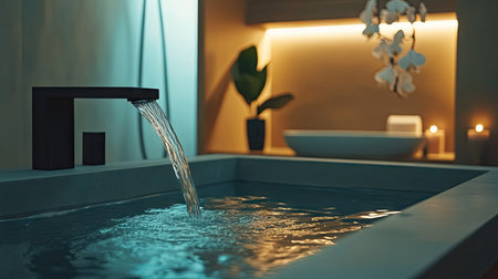A close-up view of a modern bathroom sink featuring a sleek faucet with flowing water, creating a serene and elegant atmosphere perfect for relaxation.の素材