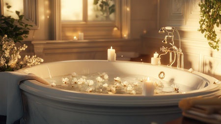 Discover an elegant luxury bathroom featuring a serene tub adorned with candles and flowers, creating a soothing and tranquil ambiance perfect for relaxation.の素材