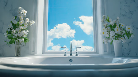 A beautiful bathroom scene featuring an elegant sink and a stunning view of blue skies and fluffy clouds, enhanced by fresh flowers, creating a tranquil atmosphere.の素材