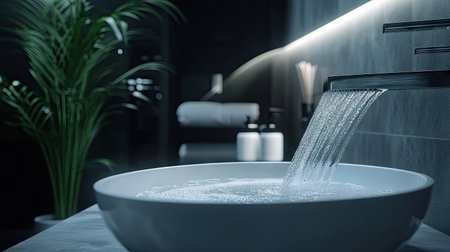 Discover an elegant bathroom scene showcasing a sleek sink with flowing water, accented by soft lighting and inviting decor for a serene atmosphere.の素材