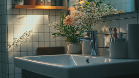 Discover an elegant modern bathroom showcasing a sleek sink and fresh flowers. The soft light and serene colors create a tranquil atmosphere perfect for relaxation.の素材