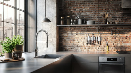 Discover an elegant kitchen featuring a stylish water tap and rustic brick walls. This modern design showcases functional beauty and cozy ambiance.の素材