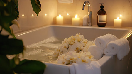 Experience tranquility in this elegant luxury bathroom featuring a white bathtub surrounded by candles and beautiful flowers. Perfect for a spa-like retreat.の素材