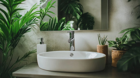 Elegant minimalist bathroom featuring a round sink, stylish faucet, and lush greenery, creating a tranquil and refreshing space for relaxation and hygiene.の素材