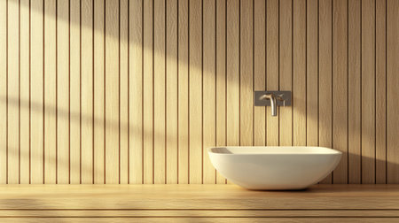 This minimalist bathroom interior features a sleek washbasin and stylish faucet against a wooden wall, bathed in natural light creating a serene atmosphere.の素材