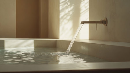 A sleek, modern bathroom faucet pours running water into a stylish basin, creating a tranquil and elegant atmosphere perfect for relaxation and hygiene.の素材