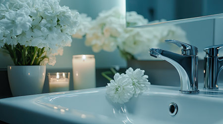 A modern bathroom featuring a chrome faucet, elegant floral arrangements, and soft lighting creates a serene and stylish space for relaxation and hygiene.の素材