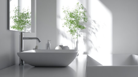 Discover a serene minimalist bathroom showcasing modern design elements. Bright sunlight illuminates the space, highlighting sleek fixtures and a calming atmosphere.の素材