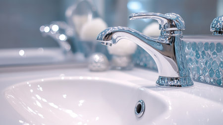 A modern bathroom sink featuring a sleek chrome faucet and white ceramic basin, perfect for enhancing contemporary interior designs with elegance and style.の素材