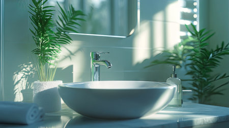 A modern bathroom design featuring a sleek white sink and elegant faucet. Natural light filters through, illuminating the greenery and creating a serene atmosphere.の素材