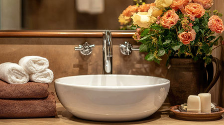 A modern white sink is elegantly set with a floral arrangement and neatly stacked towels, creating a serene and stylish bathroom atmosphere.の素材