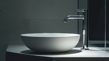 A sleek and modern polished white ceramic sink showcasing minimalist design. Ideal for contemporary bathrooms, this elegant basin adds a touch of luxury and space.の素材