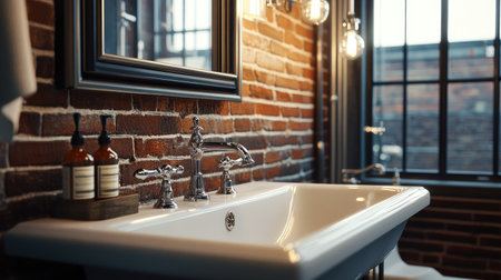 Discover an elegant loft bathroom featuring a sleek design with rustic brick walls, stylish fixtures, and ambient lighting that creates a warm atmosphere.の素材