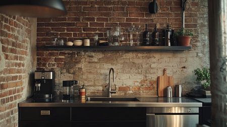 Discover a stylish industrial chic loft kitchen with an inviting design. Featuring brick walls, modern appliances, and elegant decor elements, this space is perfect for contemporary living.の素材