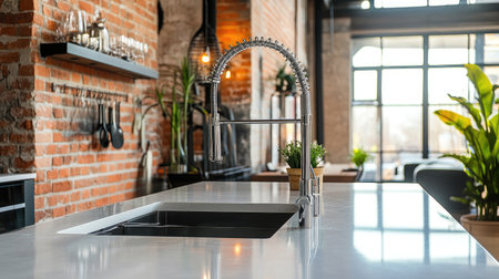 Explore a stunning modern kitchen in an upscale loft, featuring a sleek countertop, stylish faucet, and warm brick accents that create an inviting space.の素材