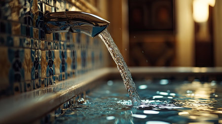 A stylish bathroom scene featuring a sleek faucet with water cascading gracefully into a serene pool, highlighting modern design elements and tranquil ambiance.の素材
