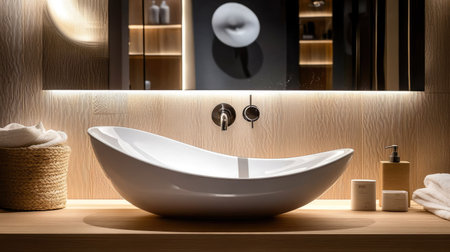 Explore a modern and spacious bathroom featuring elegant design elements, a stylish wall-mounted sink, and soft lighting for a tranquil atmosphere.の素材