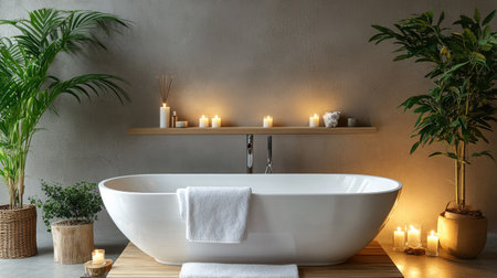 A modern white ceramic sink complements a serene bathroom setting featuring soft candlelight, lush greenery, and a minimalist design, creating a tranquil atmosphere.の素材